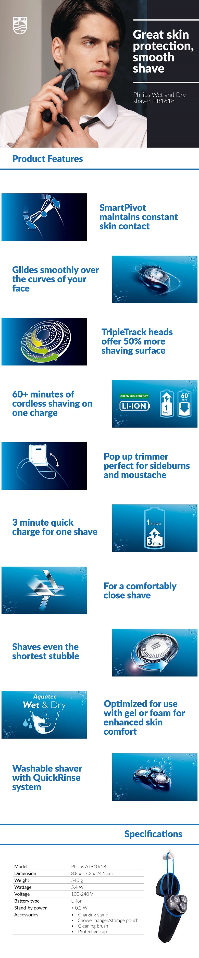 Philips AT940 Aquatouch Wet & Dry Shaver PD