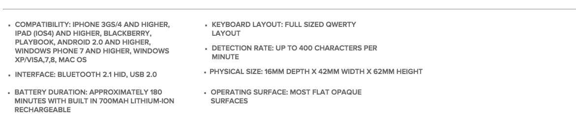VK200 Keyfob Virtual Laser Keyboard Specifications