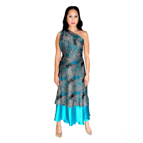 Handmade Premium Silk Double-Layer Wrap Dress (Turquoise)-min